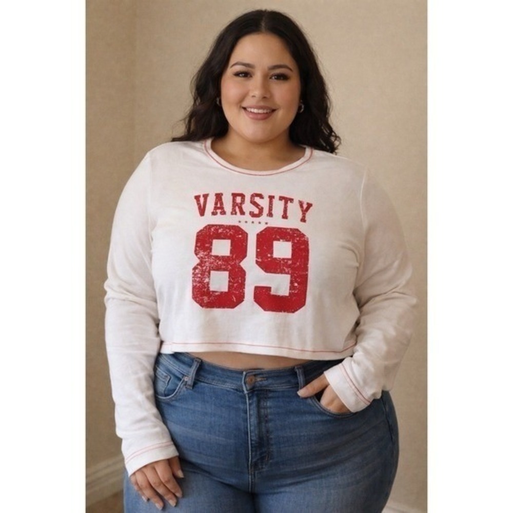 Varsity Prep NWT Modern‎ Lux Women's Graphic Long Sleeve Crop Top Off White 2X